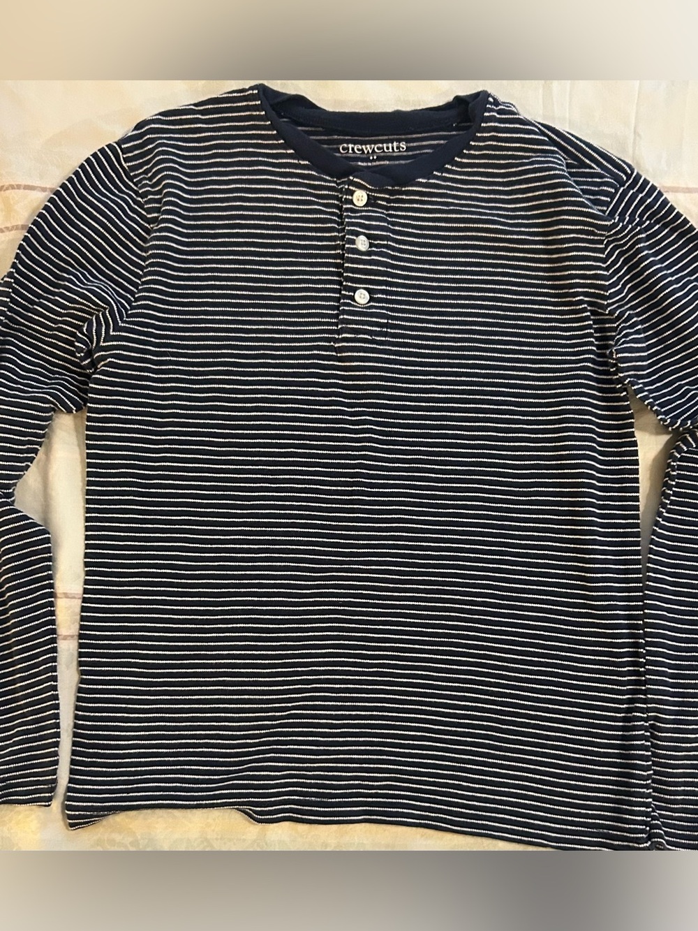 Crewcuts Boy’s EUC Navy and White Striped Henley Long Sleeve Tee XL 12-14